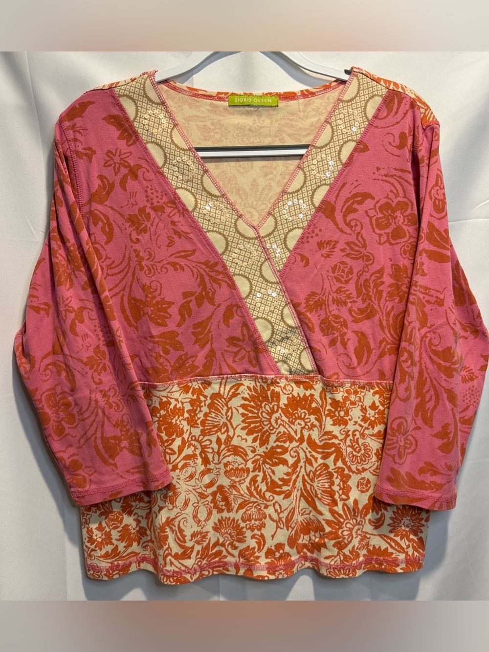 Sigrid Olsen VINTAGE Pink and Orange Floral Mixed-Panel V-Neck Blouse